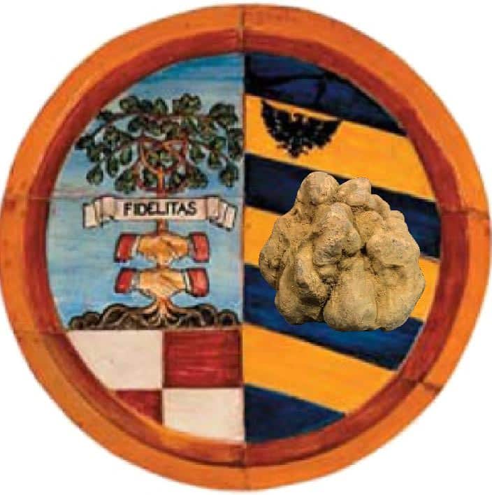 stemma rotondo provincia di pesaro urbino integrato con tartufo bianco pregiato magnatum pico